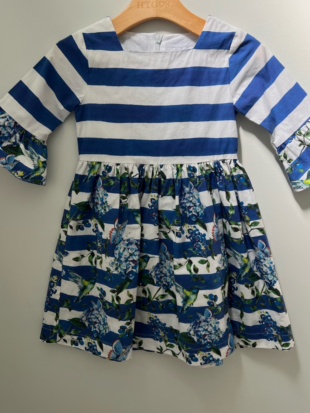 Girls Blue & White Striped Floral Dress